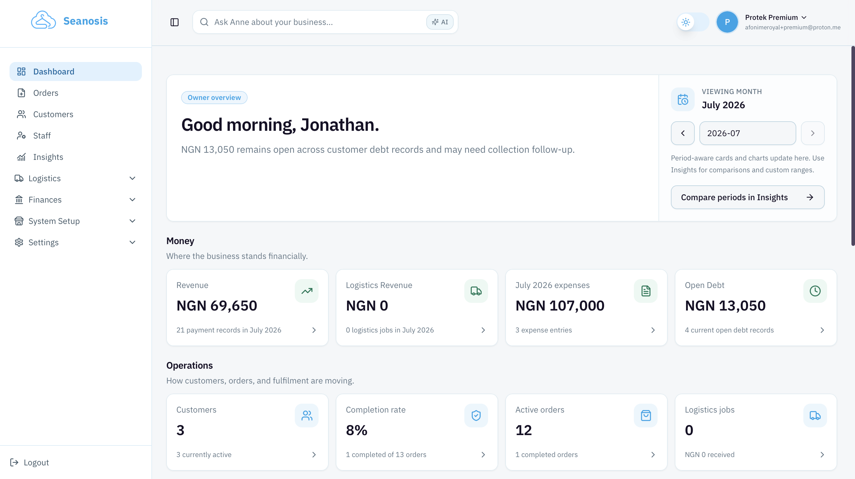 The real Seanosis owner dashboard showing revenue, orders, debt, customers, and business performance